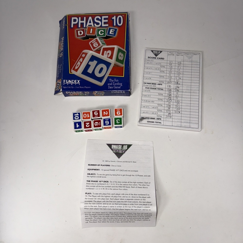 Vintage Fundex Phase 10 Dice Game 1998 Family Games Score Pads Directions